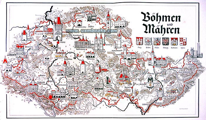 15- inch 2-color fold-out map of Bhmen und Mhren featuring the coat of arms of big cities like Prague, Brno, Pilsen, Budweis, Olmtz and Iglau