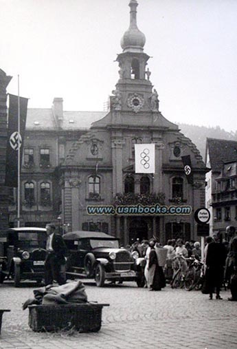 Olympic flag and swastika banners in Berlin, 1936